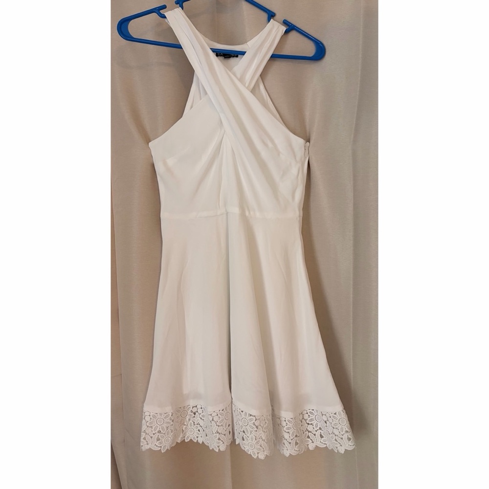 White Crisscross Halter Fit & Flare Dress with Lace Hem
